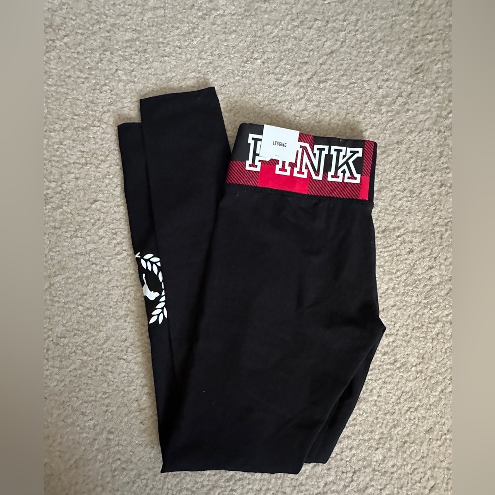 PINK Victoria's Secret Black and Red Plaid Logo Leggings SMALL - Picture 4 of 6